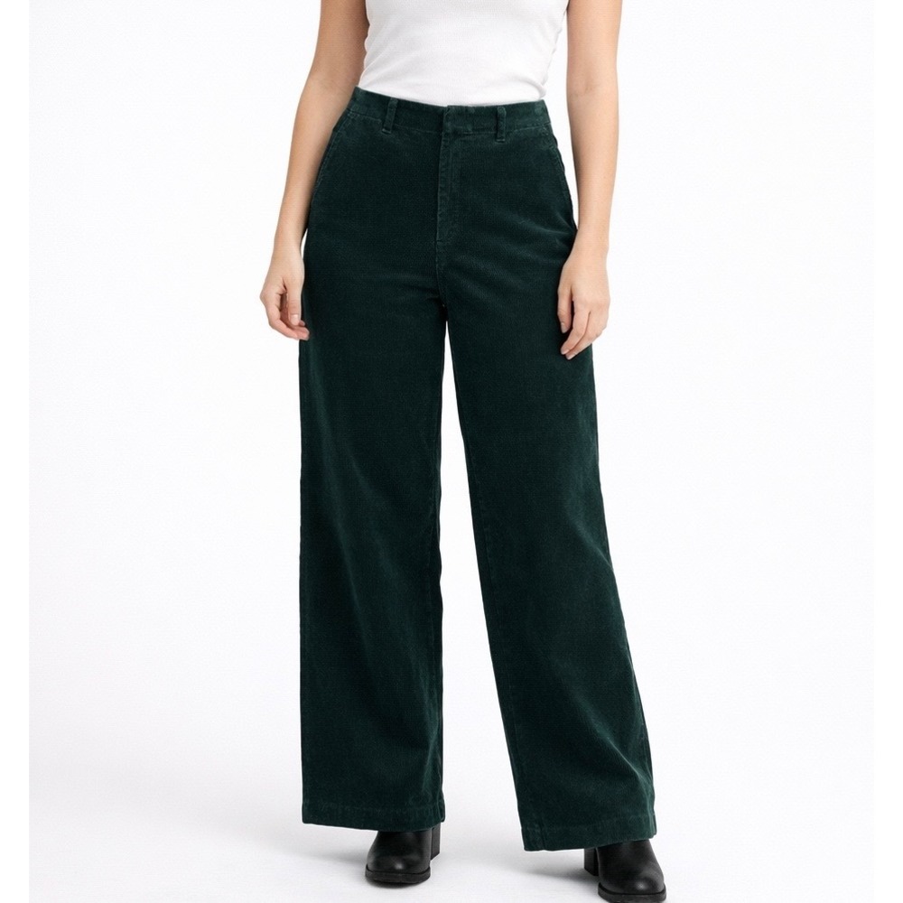Uniqlo Corduroy Wide Leg Pants Womens 8 Dark Green High Rise Cotton Retro